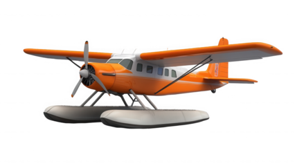 Orange and white seaplane with a propeller on a black background on transparent background
