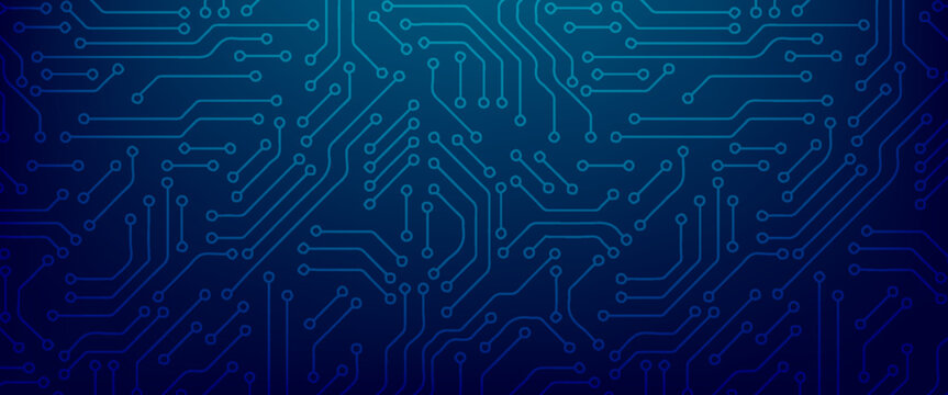 Abstract AI circuit board background. Computer motherboard with chip, and semiconductor. Elegant blue digital vector illustration. Technology connected blue lines with electronics elements on tech bg.