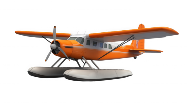Orange and white seaplane with a propeller on a black background on transparent background - Powered by Adobe