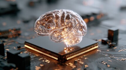 Digital Brain: An artistic portrayal of a luminous brain atop a circuit board, representing the fusion of intellect and technology.