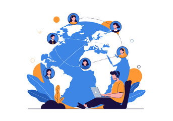 Concept of global communication and remote work with a man using a laptop to connect with people around the world online.