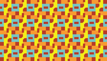 A vibrant geometric pattern featuring interlocking block shapes in bold retro colors. The design combines bright yellow, orange, aqua blue, and brick red, forming a repeating abstract structure.