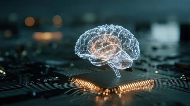 Mind and Machine: A digital representation of a human brain illuminates a circuit board, hinting at the intersection of intelligence and technology.