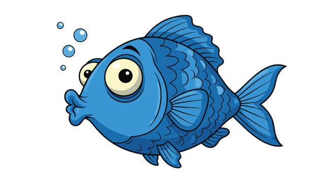 Cartoon of a cute, chubby blue fish with big googly eyes and puckered lips, blowing little bubbles, isolated on a white background.