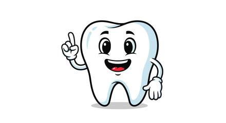 Friendly cartoon tooth character smiling and pointing up with its index finger, representing a great dental idea or advice.