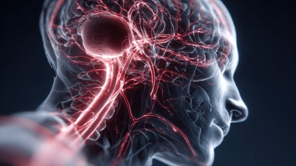 Intricate Neural Network: A detailed, close-up visualization of the human brain's neural network, highlighting the complex pathways and interconnectedness of the mind.