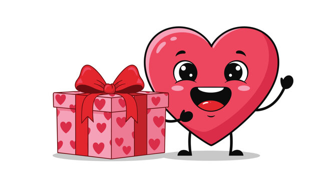 Cute and happy heart character waving next to a large pink gift box with a red ribbon, perfect for Valentine's Day or birthdays. - Powered by Adobe