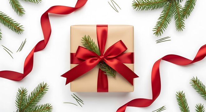 Wrapped Gift with Red Ribbon and Evergreen Sprigs on White