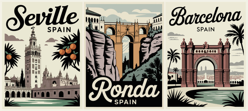 Vintage vector travel poster triptych of Seville, Ronda, and Barcelona featuring iconic landmarks, palm trees, mountains, and retro mid-century modern design in muted tones