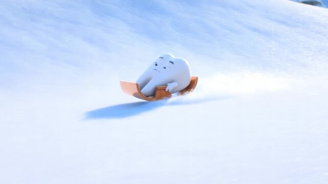 An adventurous tooth character sleds down a snowy hill. Dynamic 3D animation for exciting dental health marketing.