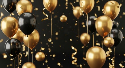Obraz premium Golden and black balloons with confetti and serpentine on dark background. Celebration party decoration for New Year Eve banner.