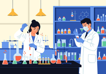Two scientists a man and a woman work in a chemistry laboratory conducting research and experiments with colorful chemicals.