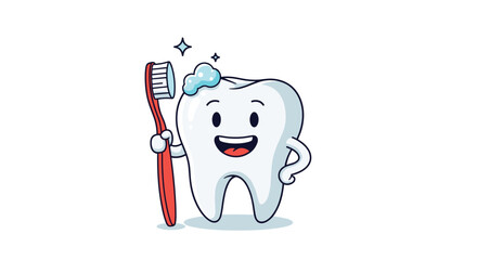 A happy and healthy cartoon tooth character is smiling while holding a red toothbrush with sparkling toothpaste on it, promoting hygiene.