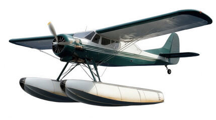 A green and white seaplane with floats against a black background on transparent background