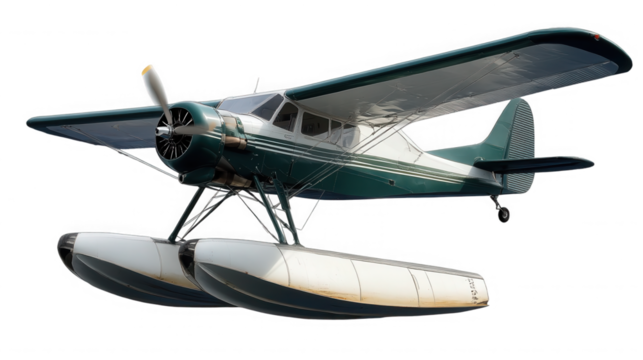 A green and white seaplane with floats against a black background on transparent background