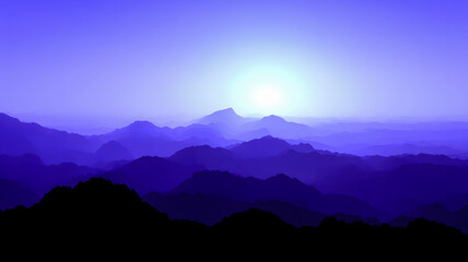 Layered Abstract Mountain Landscape at Sunrise in Vibrant Purple and Blue