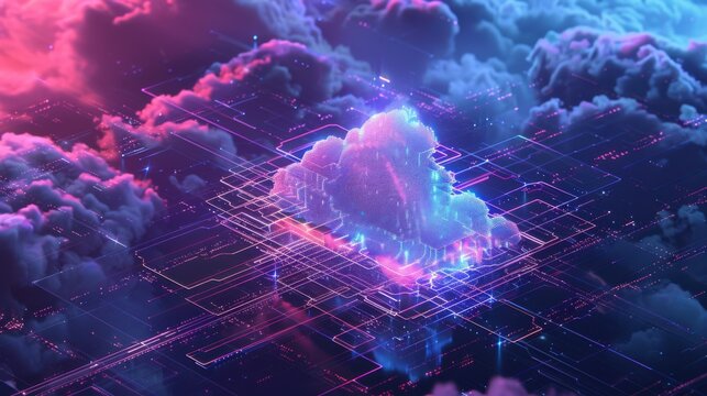 Isometric cloud computing concept represented by a server, with a cloud representation hologram concept. Data center cloud, computer connection, hosting server, database synchronize technology 