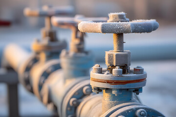 Obraz premium Industrial Pipeline Gas Valves Covered in Frost in Extreme Cold Weather