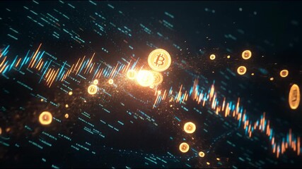 Golden bitcoin symbols floating through abstract digital waves - Powered by Adobe