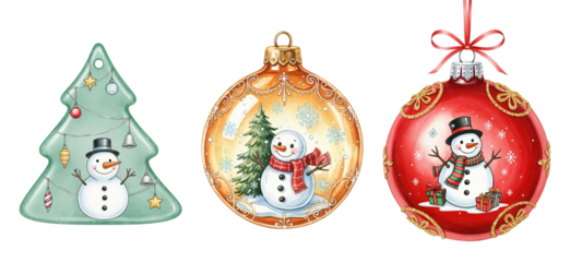 Three festive Christmas ornaments featuring cheerful snowmen, decorated with holiday elements like trees, gifts, and snowflakes, on a transparent background