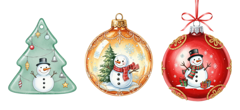 Three festive Christmas ornaments featuring cheerful snowmen, decorated with holiday elements like trees, gifts, and snowflakes, on a transparent background