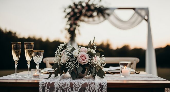 Elegant wedding reception table set outdoor with flower centerpiece, champagne glasses, and candlelight. Romantic dining setup for celebration.