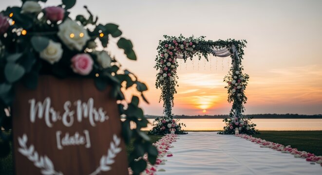 Beautiful wedding arch and aisle with rose petals at sunset by a lake, romantic outdoor ceremony for a special event.