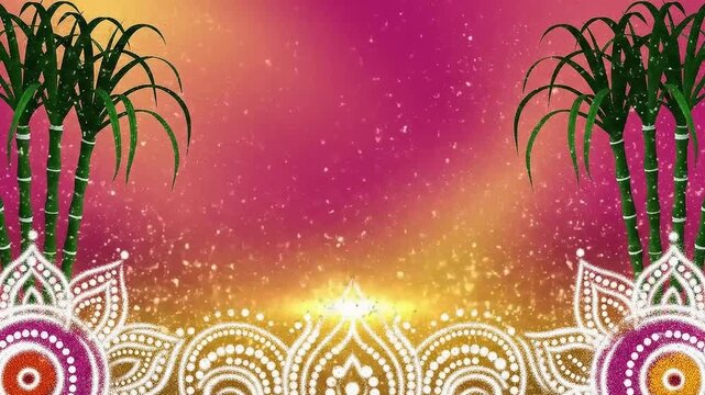 Festival Little India Pongal Celebrations, smooth pink-to-gold gradient background, decorative kolam rangoli patterns along the bottom edge