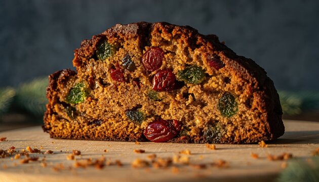 Delicious homemade fruitcake slice on a wooden board with crumbs.