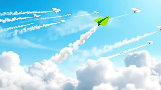 Green paper plane flying in blue sky

