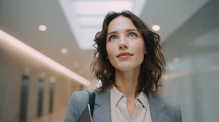 Visionary in the Corridor: A composed woman, radiating determination and ambition, strides confidently through a modern corridor, her gaze fixed on the horizon, hinting at leadership.