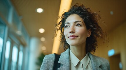 Businesswoman's Confident Stroll: A determined businesswoman strides purposefully through a modern hallway, her gaze focused on the future with a look of assured confidence.