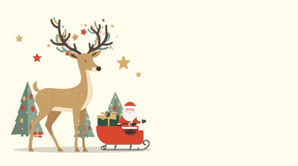 Vector illustration of a Christmas deer and Santa Claus in a flat design style, set against a clean and simple background, with the deer and Santa positioned