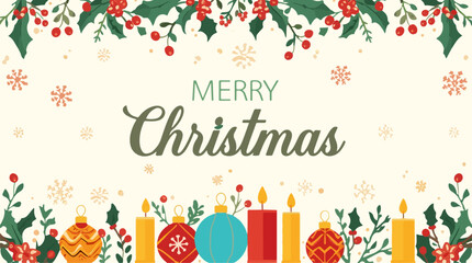 Naklejka premium Vector template of a Christmas decoration banner featuring a flat design style with a festive holiday theme, incorporating vibrant colors and bold shapes