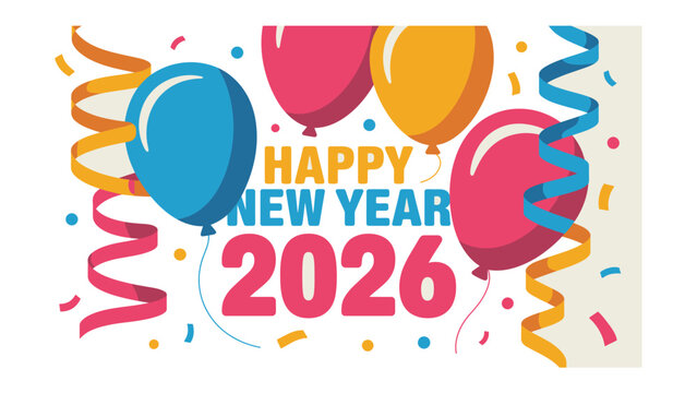 New Year's Celebration 2026: A vibrant and colorful design to celebrate the start of a new year, filled with balloons and confetti, conveying joy and anticipation.