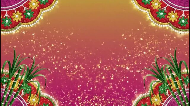 Festival Lohri (Punjab), pink-to-gold gradient background with soft phulkari embroidery patterns on the edges