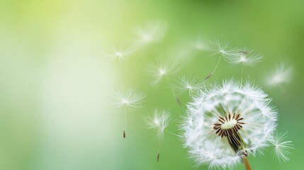 Fototapeta premium dandelion. Dandelion seeds dispersing on the wind against a soft green background. gardening catalogs, home-decor guides, designed for home decor and floral branding, used by bi analysts.