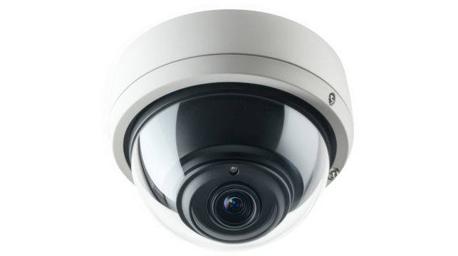 A close up view of a white dome security camera on black background on transparent background