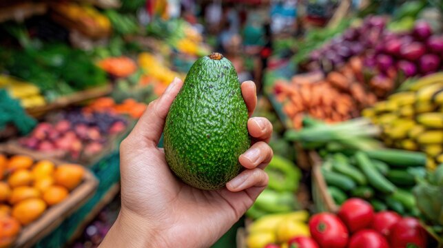 Avocado's Embrace: A close-up shot of a hand holding a vibrant green avocado. The lush produce, a symbol of health and nature, invites freshness and vitality.