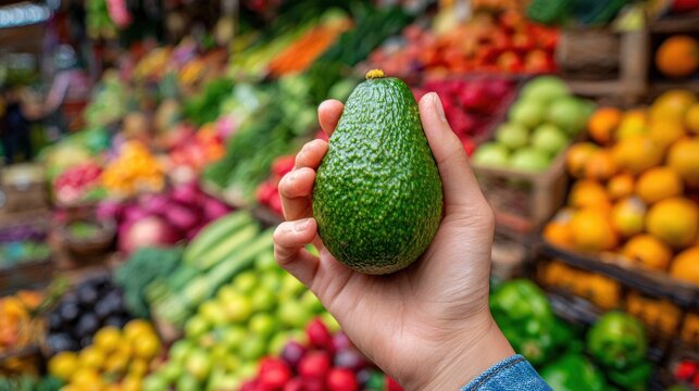 Avocado Delight at the Market: A hand cradles a ripe, green avocado, showcased against a vibrant backdrop of fresh produce. A celebration of natural bounty and culinary possibility.