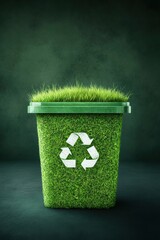 Recycling action in urban environment green waste bin with grass eco-friendly design close-up view