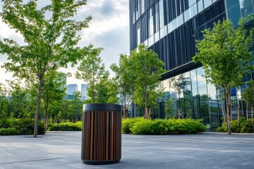 Modern trash bin in urban park cityscape environment landscape photography serene viewpoint urban sustainability concept