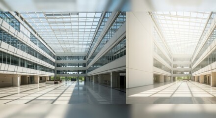 Obraz premium Expansive Atrium with Glass Ceiling and Architectural Lines in Corporate Building