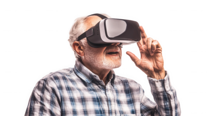 Older man experiencing virtual reality with headset and hand up on transparent background
