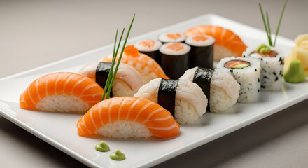 High-resolution commercial image of beautifully plated salmon sushi, ideal for restaurant menus, delivery apps, advertising, and food delivery platforms.