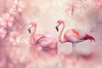 Elegant flamingos pair in serene pink reflection nature scene tranquil environment artistic composition