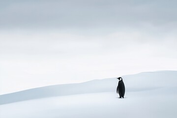 Solitary penguin standing on snowy landscape antarctica wildlife photography overcast environment wide angle isolation concept