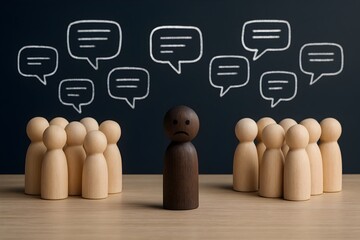 Social exclusion, loneliness, bullying, isolation, difference, gossip, discrimination, diversity, wooden figures, social division, communication breakdown, marginalized, being talked about, mental hea