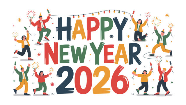 Celebration of New Year 2026: A vibrant and colorful design that captures the joyful spirit of the New Year, with figures celebrating.