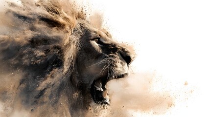 Naklejka premium Powerful male lion head dissolves into swirling dust particles against a bright background